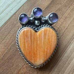 VTG Native American Brooch Pin 1.5 Inch Spiny Oyster Amethyst 925 Sterling 11.8g